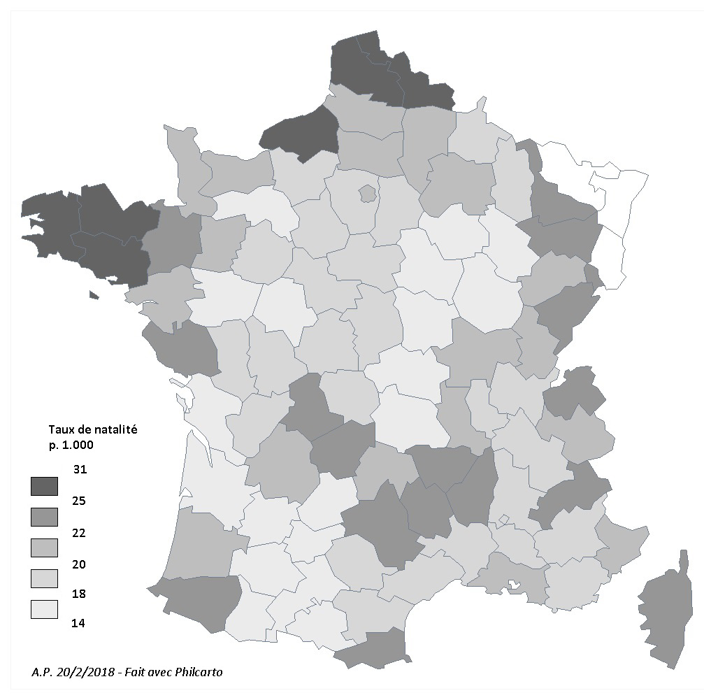 Le taux de natalité par département en 1901-1906. Antoine Prost. DR.
