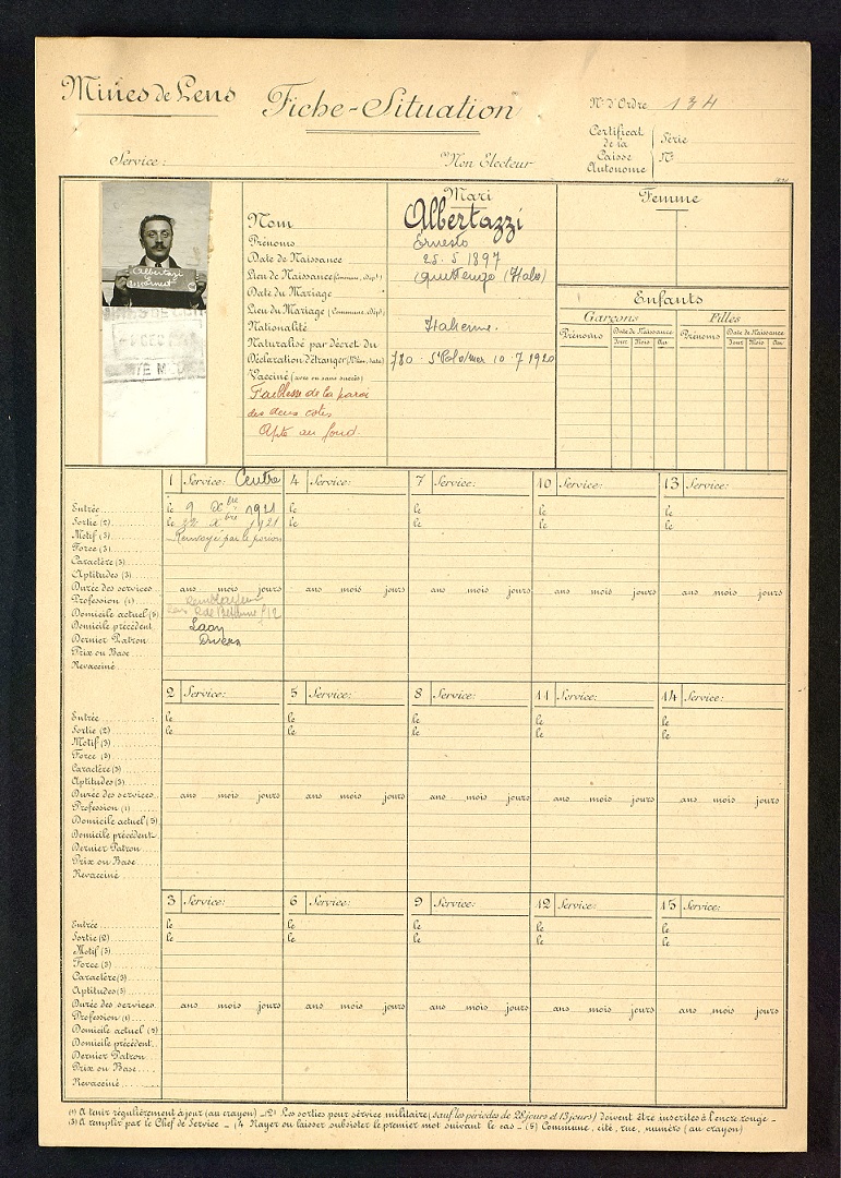 Société des mines de Lens : fiche individuelle d’Ernesto Albertazzi, 1920. ANMT 2006 1 167.