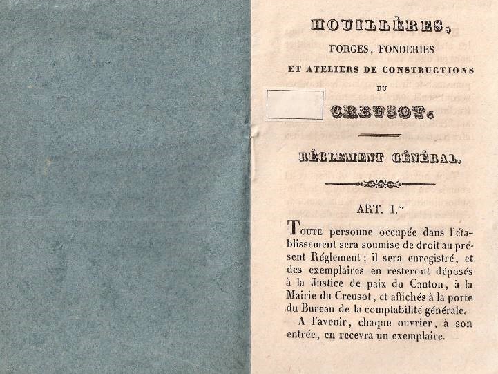 Livret remis à l’ouvrier lors de son embauche. Règlement général – Octobre 1837