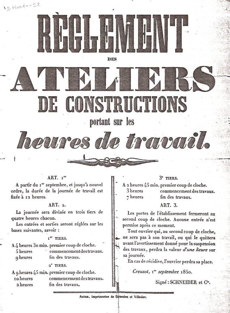 Affiche : Règlement des ateliers de construction Schneider du Creusot. 1850.
