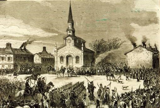 La troupe en formation devant l’église Saint Laurent