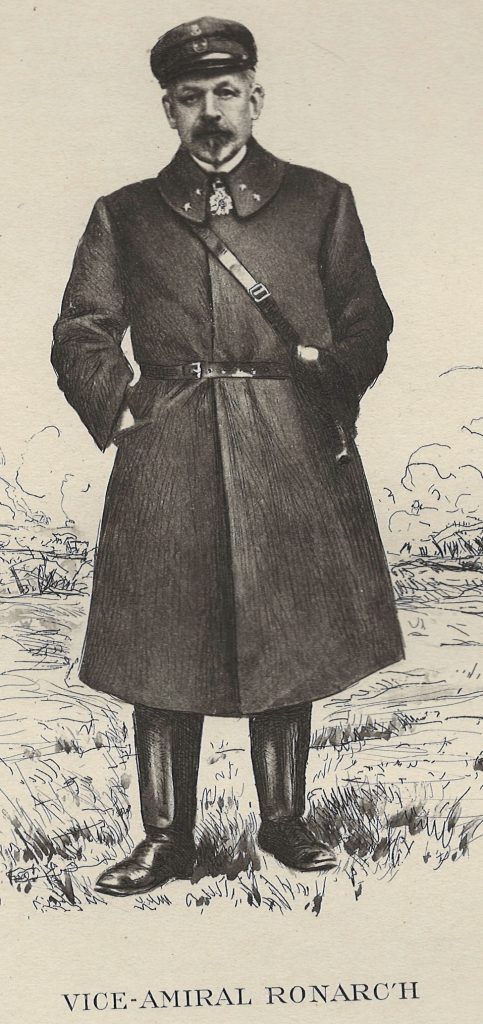 1-L’amiral Ronarc’h. Commandant des fusiliers marins à Dixmude, il est aussi un des organisateurs de la lutte anti-sous-marine. Gravure extraite de La Guerre navale racontée par nos amiraux.