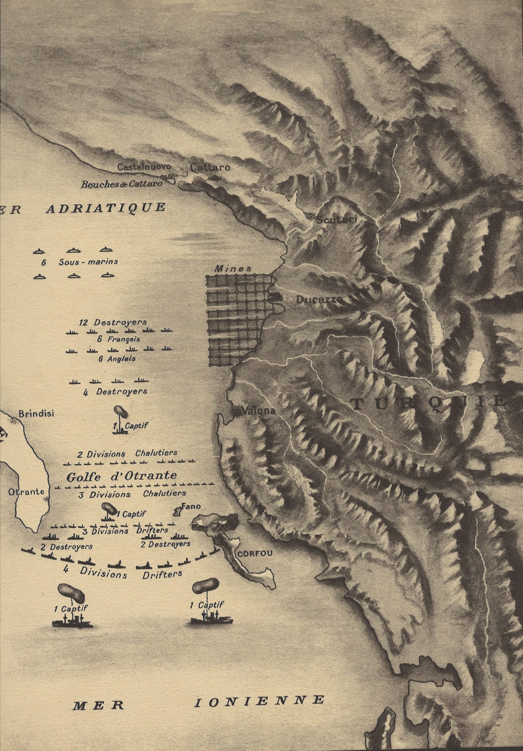 4-Carte du dispositif de blocus du canal d’Otrante par les flottes alliées. Gravure extraite de La Guerre navale racontée par nos amiraux.