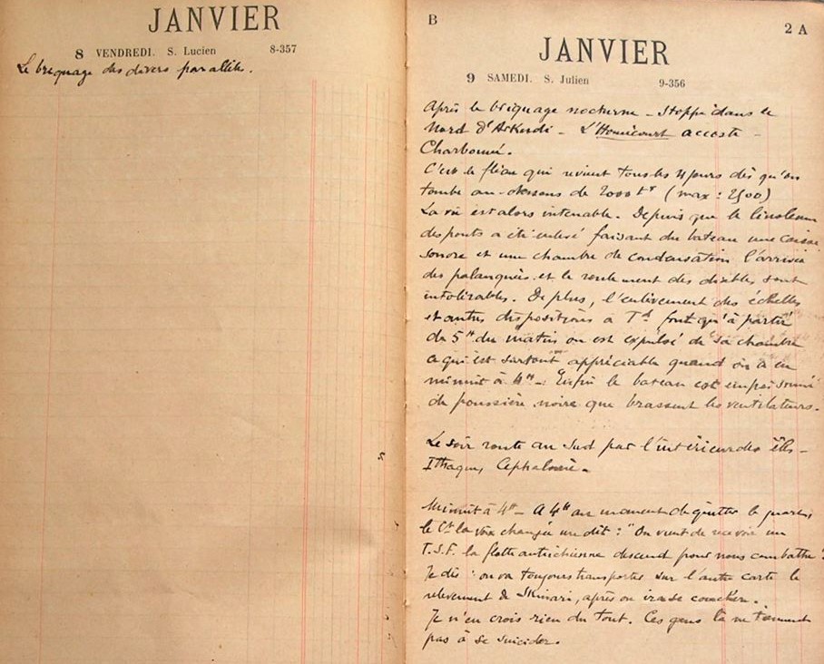5 - Extrait du carnet de bord du lieutenant de vaisseau Paul Chack  le 9 janvier 115. Il  témoigne de l’aspect éprouvant de l’inaction et des manœuvres stériles imposées aux marins (SHD-Marine. MS 577)