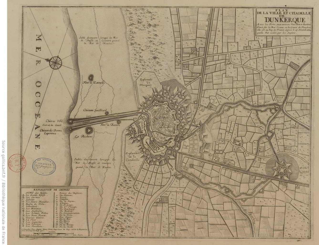 Figure 3 : plan de Dunkerque vers 1700 	Achetée aux Anglais en 1662, Louis XIV souhaite faire de Dunkerque un grand port de guerre. Vauban est donc chargé de protéger à la fois la ville mais également son chenal grâce une digue défendue par plusieurs forts. À l’intérieur des terres, le fort Saint-Louis doit empêcher l’approche de l’ennemi qui remonterait le canal de Bergues. (Source gallica.bnf.fr / Bibliothèque nationale de France)