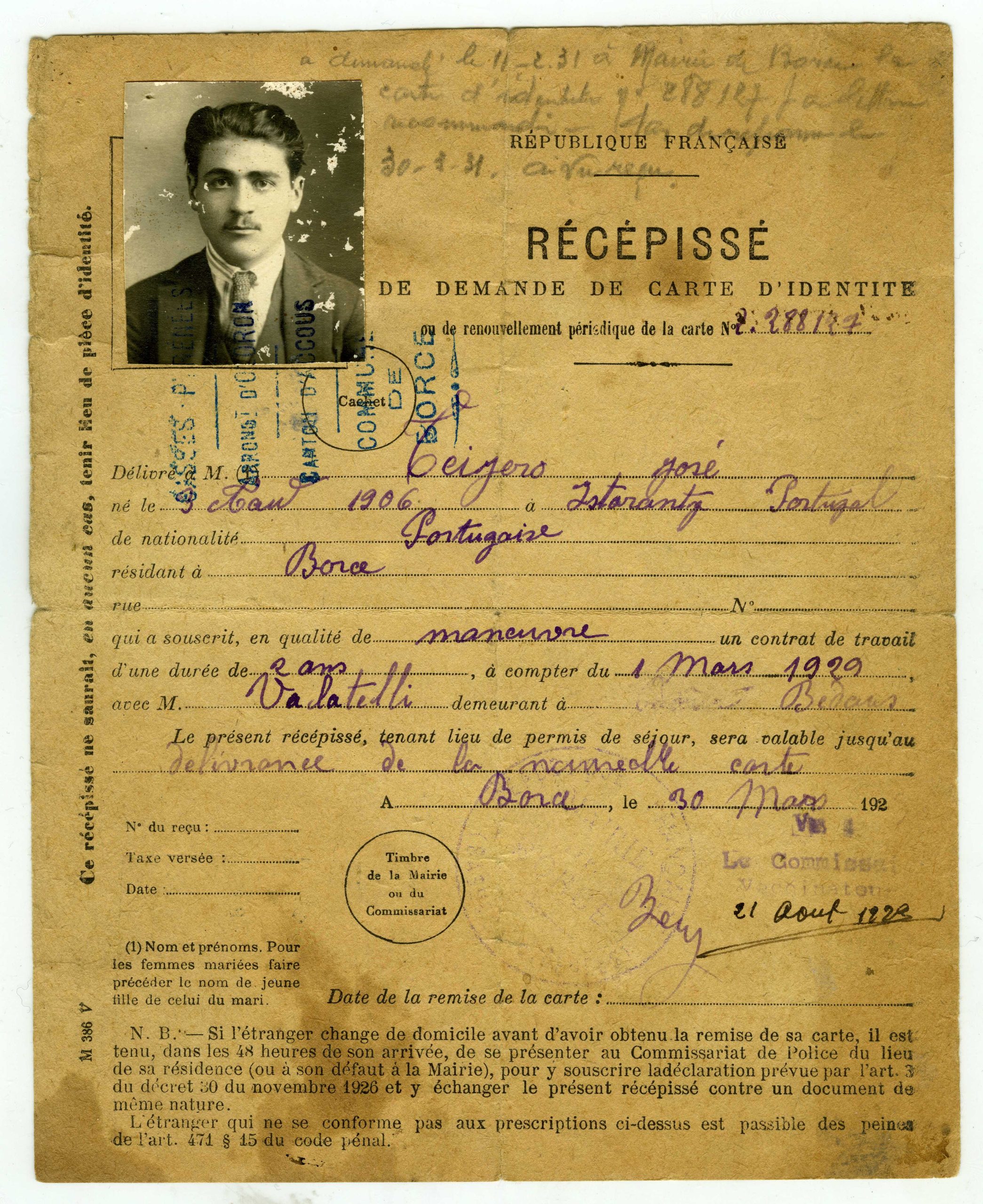Récépissé de demande de carte d’identité de José Teijero, 1929 (© EPPPD-MNHI)